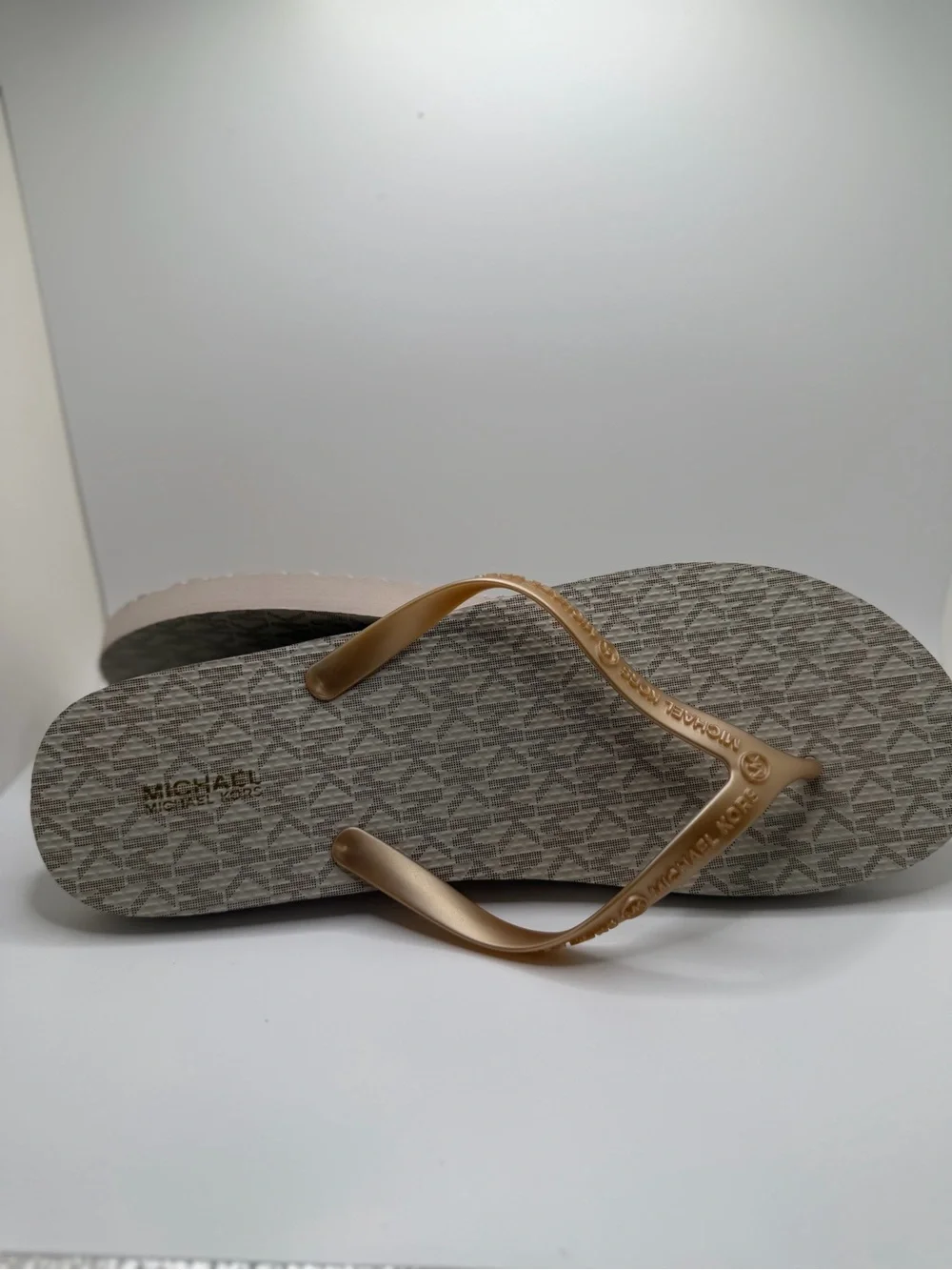 Michael Kors Beige Logo-Print Flip Flops with Metallic Gold Straps